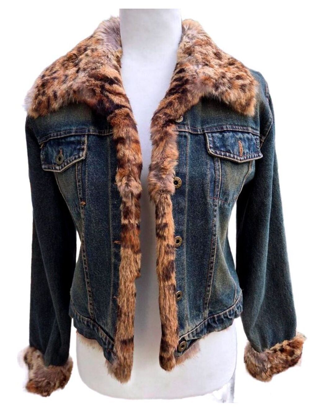 Vintage Y2K Artigiana Firenze Made in Italy Real Fur Leopard & Denim Jacket Coat